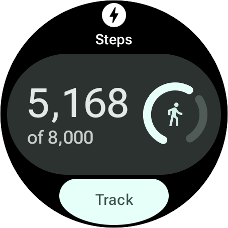 An example of a tile conveying information for daily step count on a round watch face