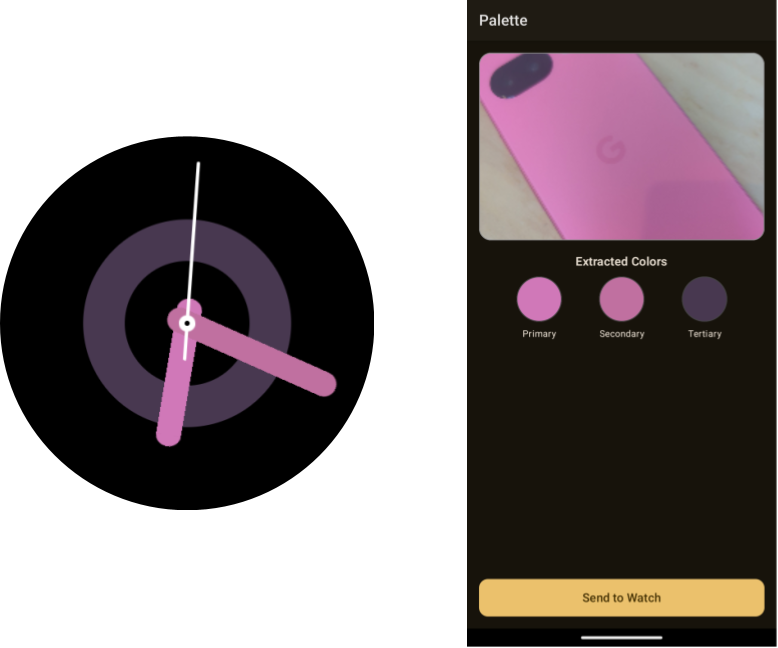 illustration of using Watch Face Push to build a watch face with dynamic colors, updated from the phone