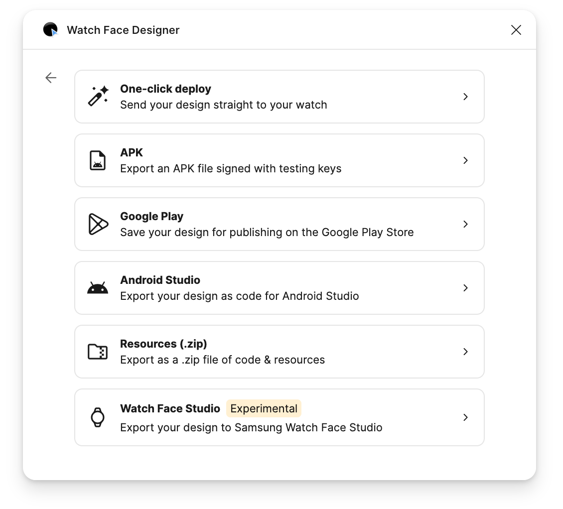 screenshot showing the Watch Face Designer UI with a list of export options