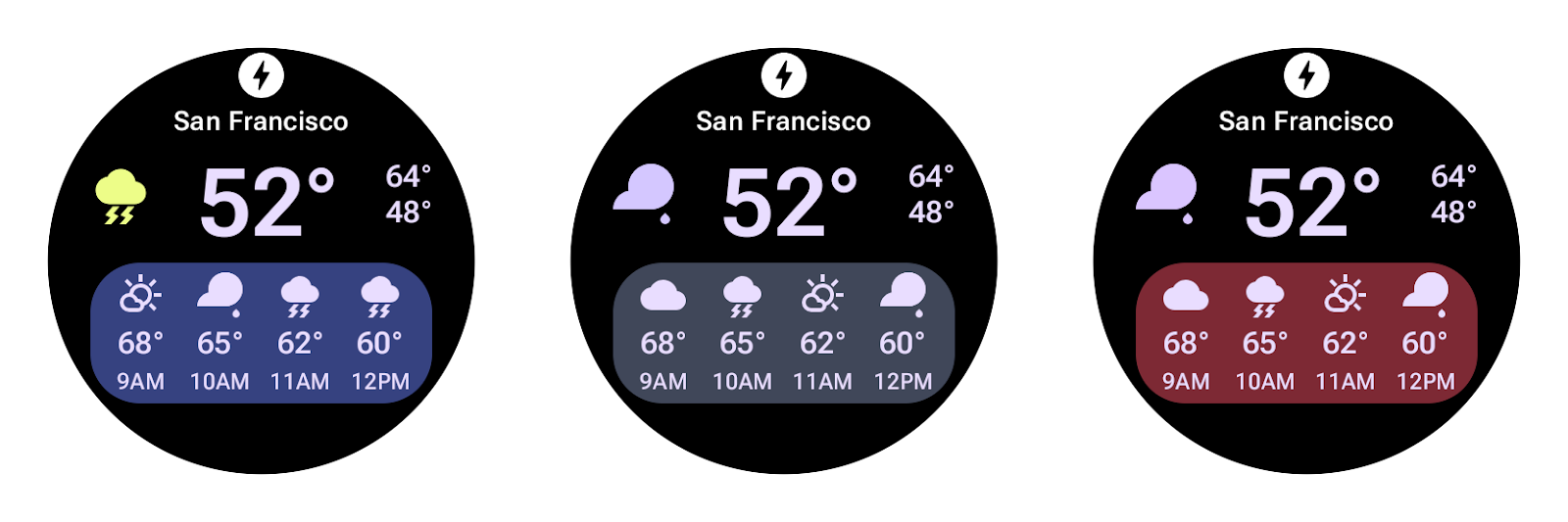 examples of the same weather app featuring three different system-generated color themes