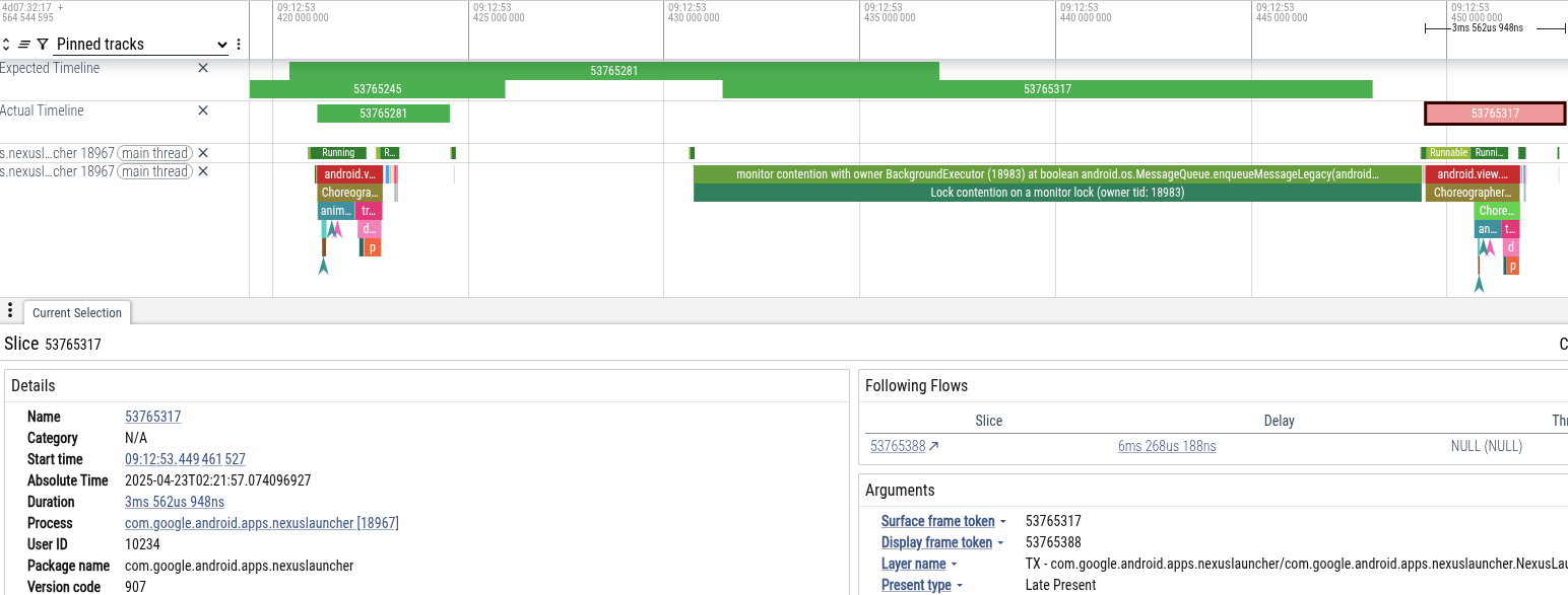 A Perfetto trace screenshot diagnosing the Launcher jank. The 'Actual Timeline' shows a red missed frame. Coinciding with this, the main thread track contains a large green slice labeled 'monitor contention with owner BackgroundExecutor,' indicating that the UI thread was blocked because a background thread held the MessageQueue lock.
